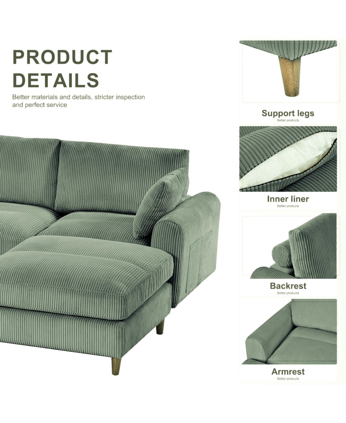 Streamdale Furniture Corduroy Modular Sectional Sofa, Olive Green 6 Seat