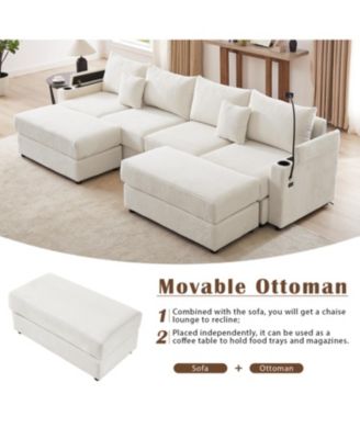 123" Modern Sectional Sofa w/ Storage, Ottomans, USB, Cup & Phone Holders