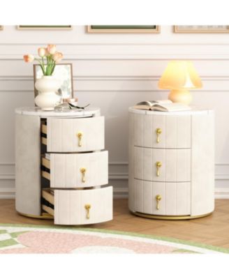 Upholstered Nightstand 2 Set, 3 Drawers, Round, Beige