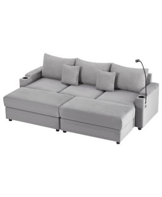 Modern 3-Seater Sectional Sofa w/ Storage, Ottomans, USB, Cup Holders - Grey
