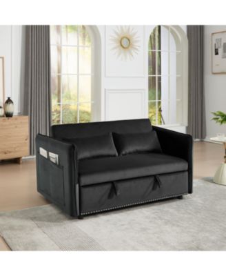 55" Velvet Futon Sofa Bed with Pillows & Side Pockets