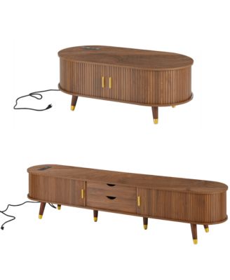 Streamdale Farmhouse TV Stand & Coffee Table Set, Fluted Media Console with Charging Station, Walnut