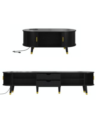 Streamdale Farmhouse TV Stand & Coffee Table Set, Charging Station, Black