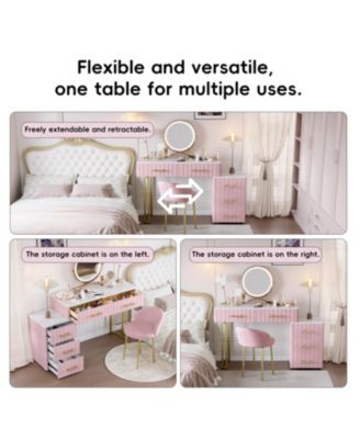 Velvet Vanity Desk Set, Marble Top, Adjustable Storage, Pink