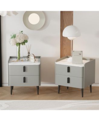 Streamdale Gray Nightstands Set of 2, Marble Top, 2 Drawers