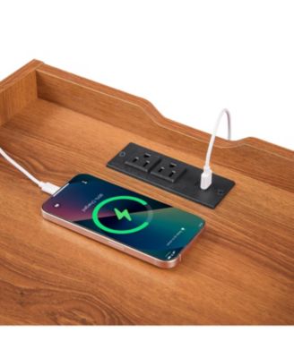 Streamdale Mid Century Nightstand with Charging & LED, 2 Drawers, Bedside/End Table, Black