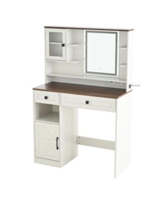 Farmhouse Vanity Desk with Mirror, Lights, Charging Station, Stool