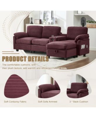 L-Shape Corduroy Sofa- 4-Seater, USB, Storage, Console & Ottoman