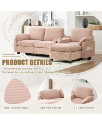 L-Shape Corduroy Sofa- 4-Seater, USB, Storage, Console & Ottoman