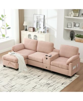 L-Shape Corduroy Sofa- 4-Seater, USB, Storage, Console & Ottoman