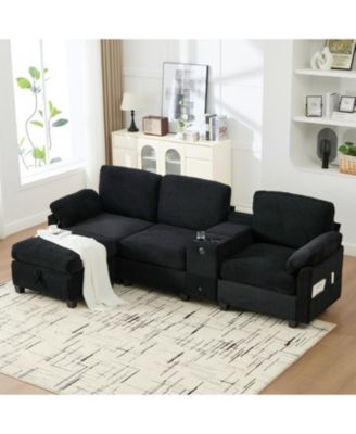 L-Shape Corduroy Sofa- 4-Seater, USB, Storage, Console & Ottoman