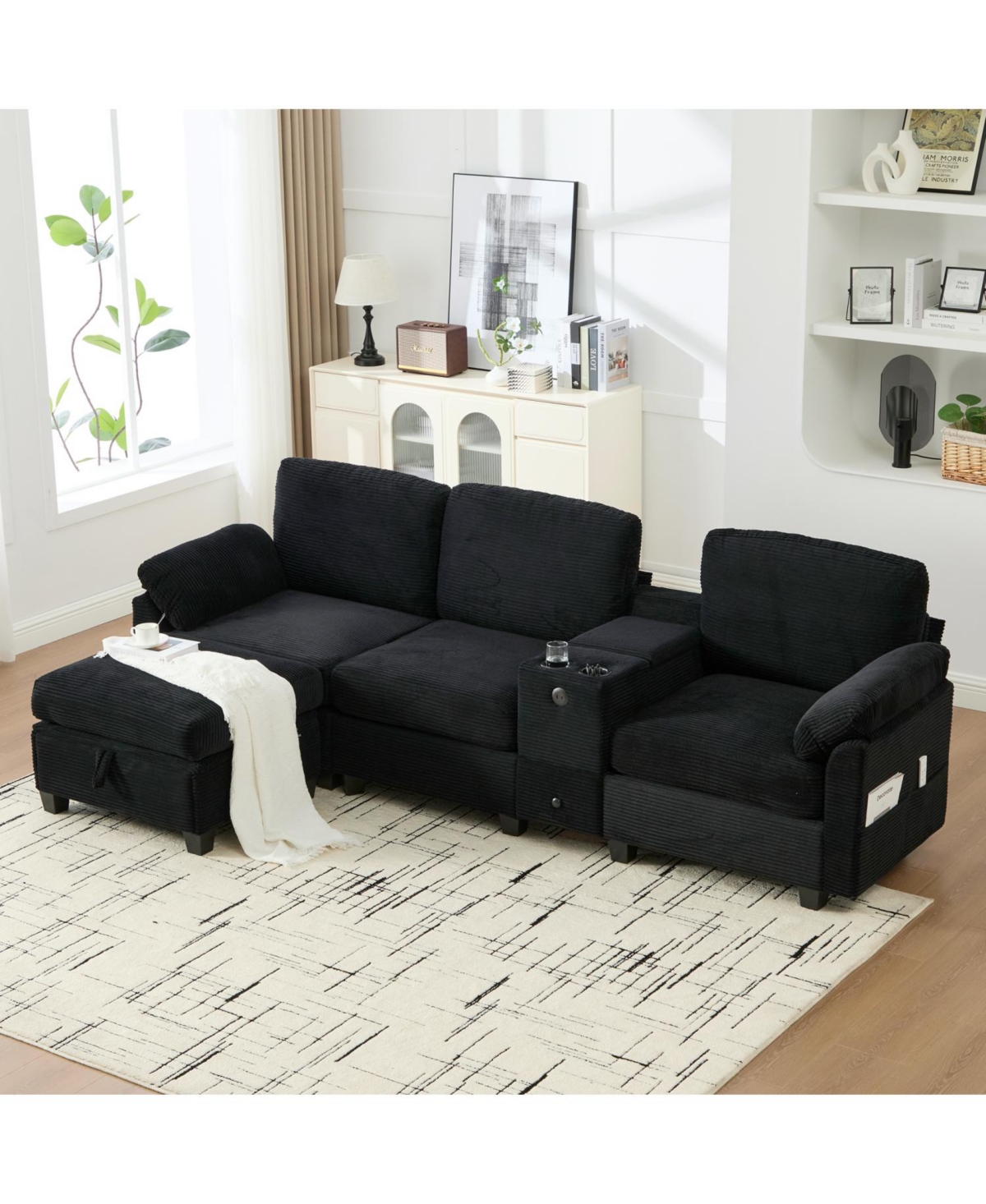 Streamdale Furniture L-Shape Corduroy Sofa- 4-Seater, Usb, Storage
