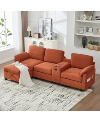 L-Shape Corduroy Sofa- 4-Seater, USB, Storage, Console & Ottoman