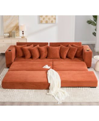 Corduroy L-Shaped Sectional Sofa Bed w/ Footstool, Pillows & Cup Holders