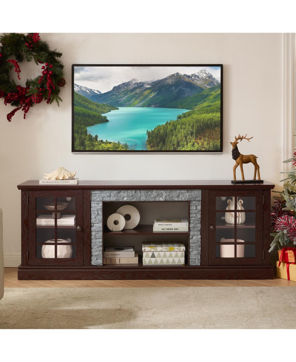 Streamdale Furniture 70" Modern Tv Stand, Faux Stone Media Console, Cherry Entertainment Center - Cherry