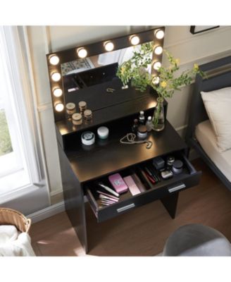 Vanity Desk with Lighted Mirror, Large Drawer & Storage - Black