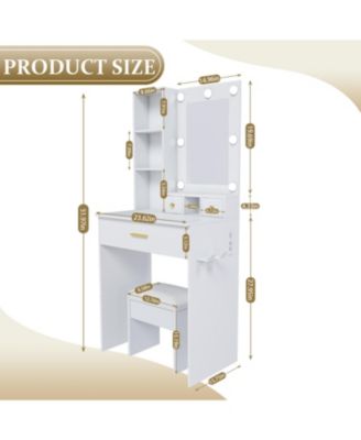 Vanity Table with LED Lights, Power, Hairdryer Holder & Stool - White