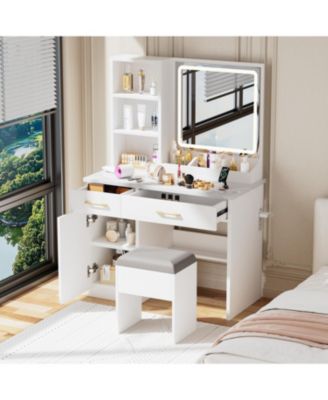 Vanity Desk with Lighted Mirror, Power Outlet & Storage