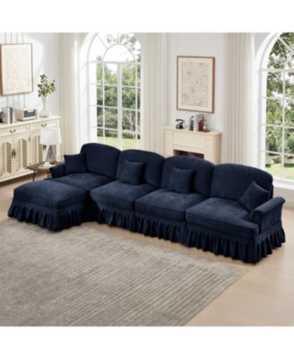 Blue Chenille Modular Sectional Sofa with Ottoman