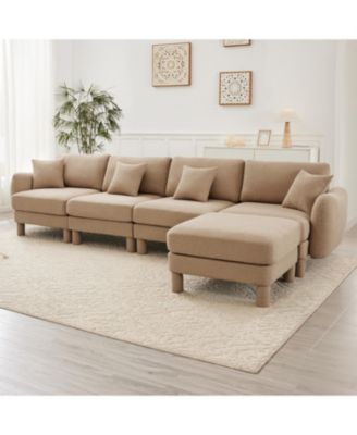 Boucle U-Shape Sectional Sofa with Ottomans & Shell Armrests, Coffee