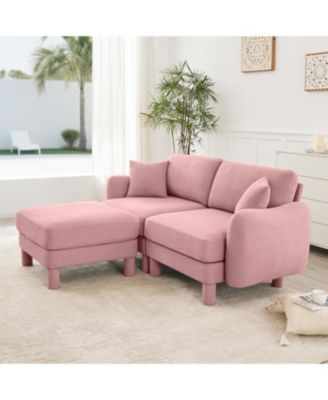 Pink Boucle Loveseat Sofa with Ottoman & Shell Armrests