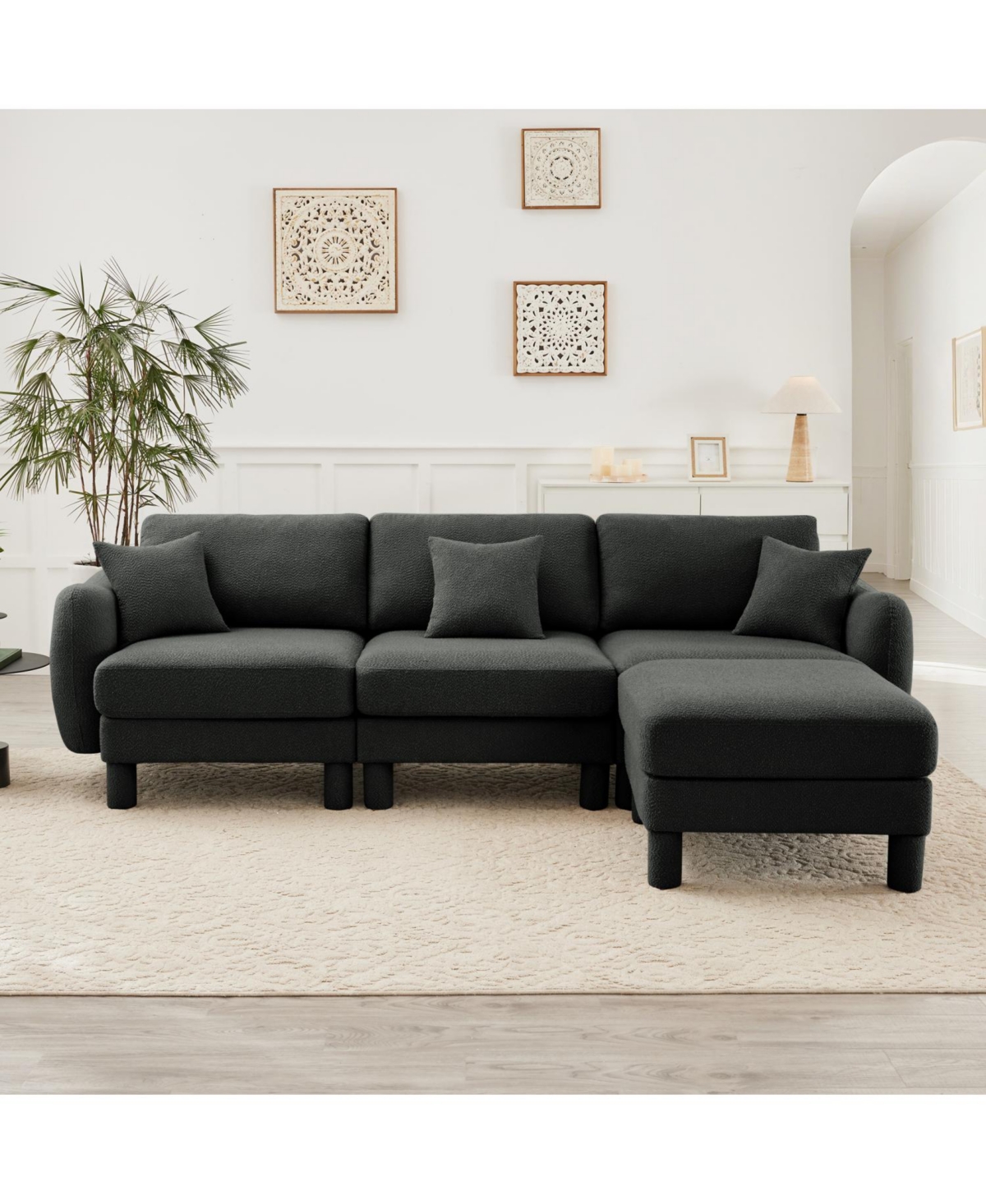 Streamdale Boucle Convertible Sectional Sofa with Ottoman - Dark Grey
