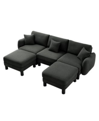  Boucle U-Shape Sectional Sofa with Ottomans & Shell Armrests, Dark Grey