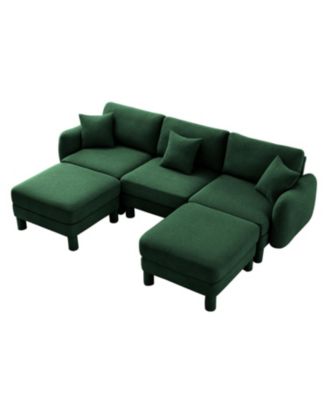 Boucle U-Shape Sectional Sofa with Ottomans, Shell Armrests, Green