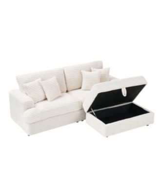 White Corduroy Sofa w/ Storage Leg & Pillows