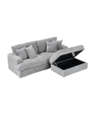 Grey Corduroy Sofa w/ Storage Leg & 4 Pillows