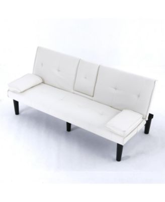 67" White PVC Sofa Bed - Foldable with Cup Holder