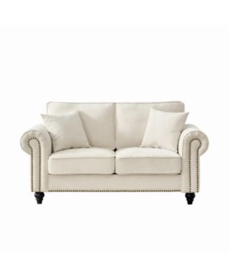  63" Modern Chenille Sofa - Rolled Arms, Nailhead Trim - Beige