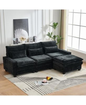  99" Cloud Sectional Sofa, Chenille L-Shape Couch with Ottoman, Black