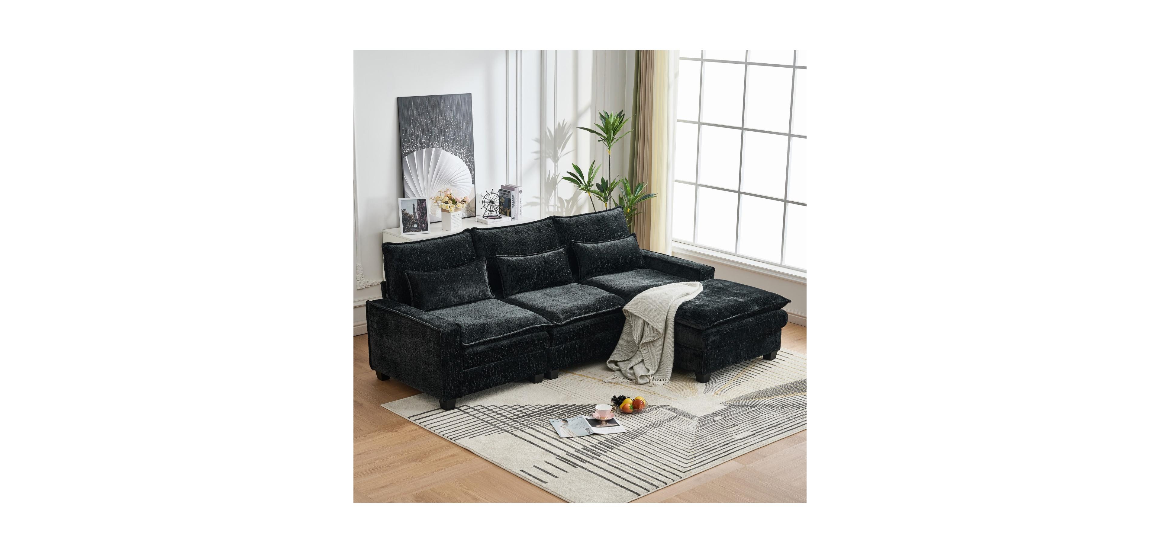 Streamdale Furniture 99" Cloud Sectional Sofa, Chenille L-Shape Couch with Ottoman, Black