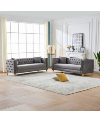 Chesterfield Velvet Sofa, 3+3 Seater, Button Nailhead, Square Arm