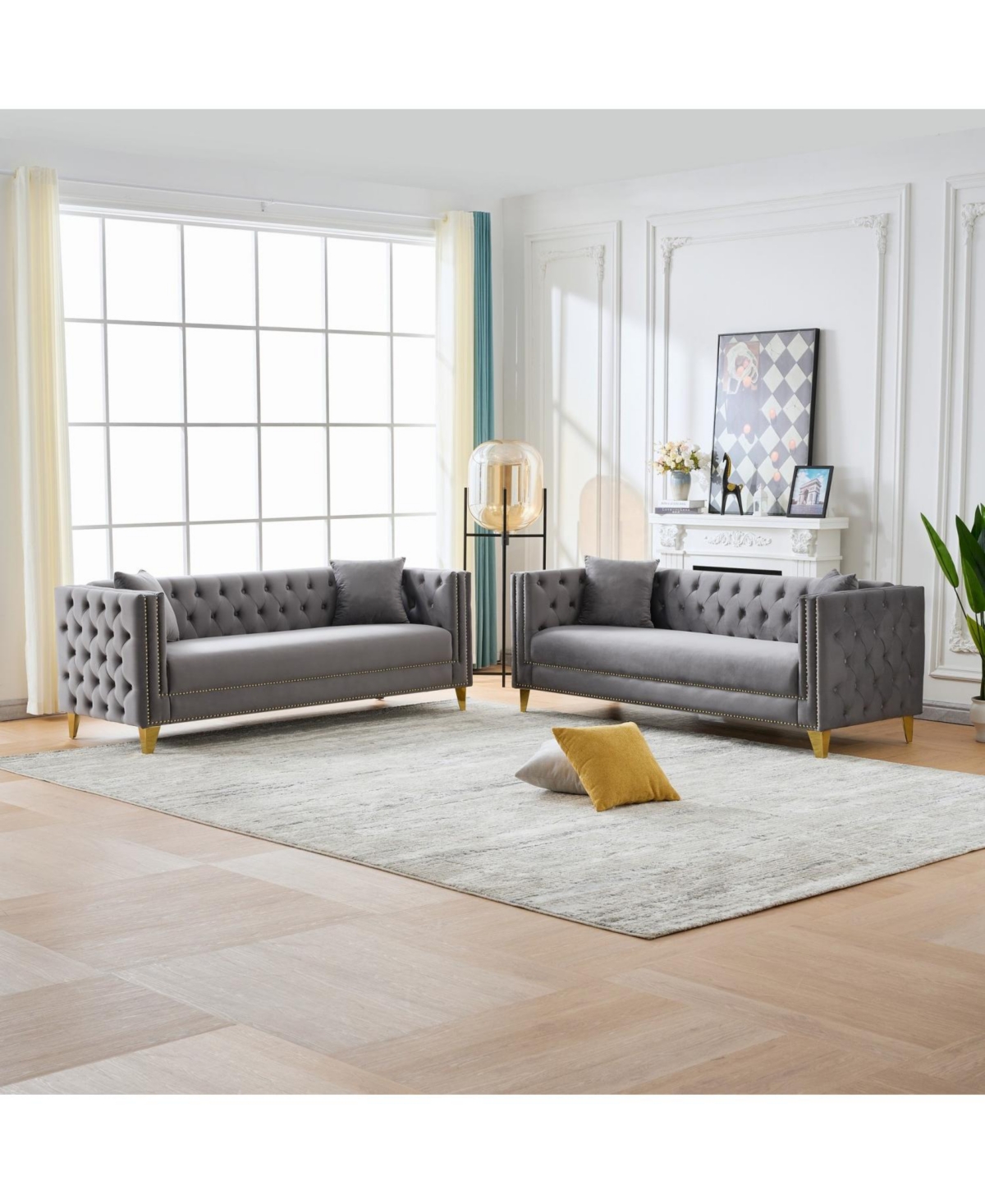 Streamdale Furniture Chesterfield Velvet Sofa, 3+3 Seater, Button Nailhead, Square Arm