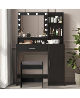 Vanity Desk with Lighted Mirror, Drawer & 3-Tier Storage, Adjustable Brightness