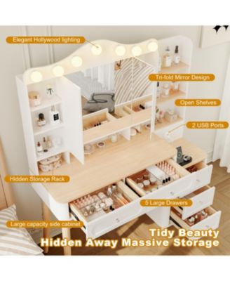 Vanity Desk with Lighted Mirror, USB Power, Drawers & Chest