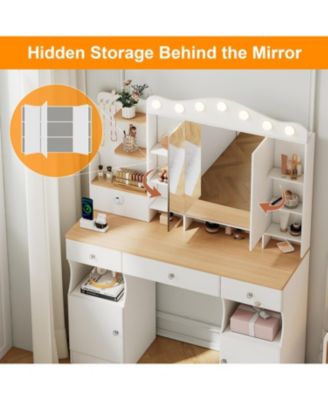 Vanity Desk with Lighted Mirror, USB Power, Drawers & Cabinets (White)