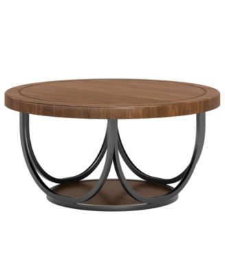 Round Coffee Table with 2 Tiers, 33.5" Wooden Circle Accent Cocktail Table, Industrial Center Tables