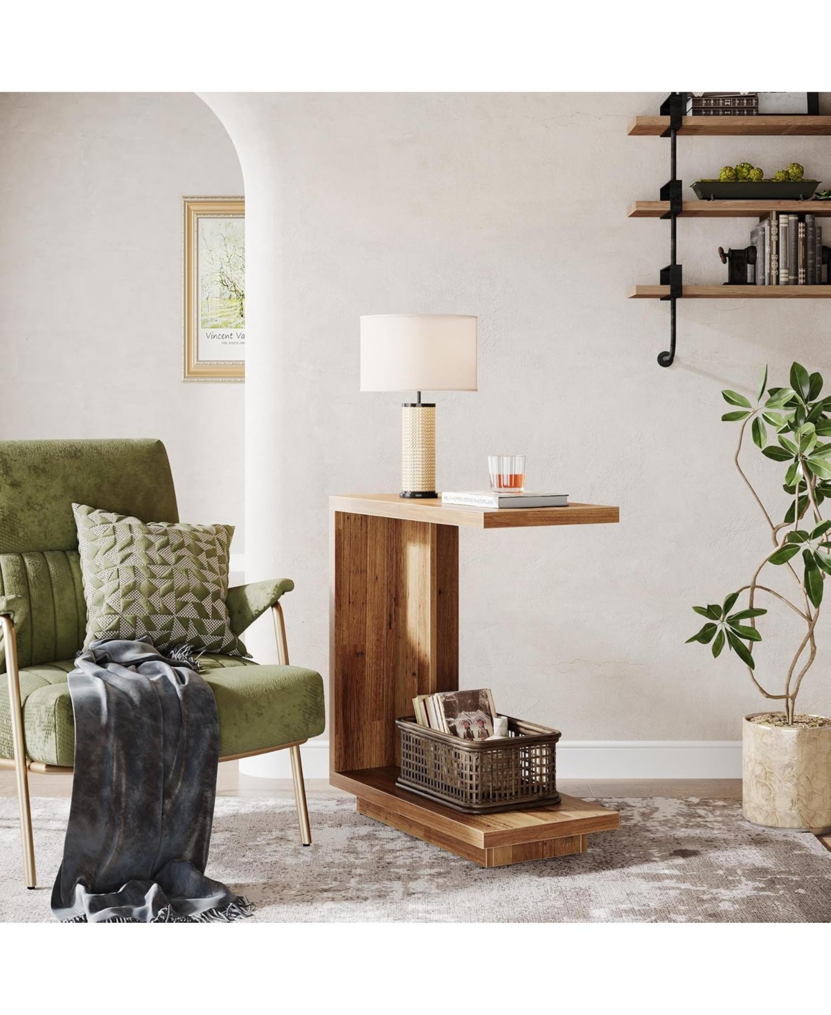 Tribesigns C-Shaped Side Table, 2-Tier Narrow End Wood Bedside Table Nightstand for Bedroom, Industrial Sofa Living Room, Brown