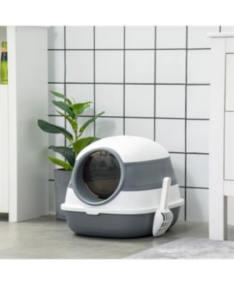 Foldable Cat Litter Box with Lid & High Sides – Large Two-Way Entry, Easy Clean, White & Gray