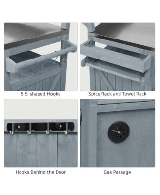 53.3" Outdoor Kitchen Island with Raised Shelf, Solid Wood Outdoor Rolling Grill Cart with Internal Storage