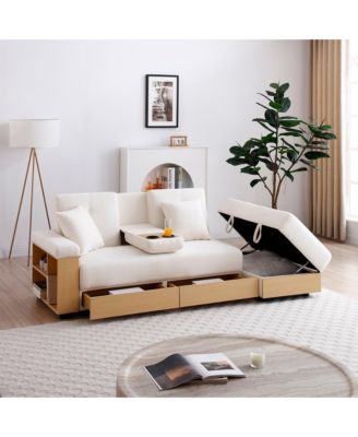 Convertible Sleeper Sofa Couch,Multifunctional Double Folding Sofa Bed,Storage Ottoman and Sofa arm with  box and drawer,Beige