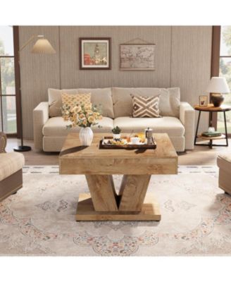 Square Coffee Table, Wood Center Table for Living Room, 31.5" Modern Cocktail Tea Accent Table, Natural