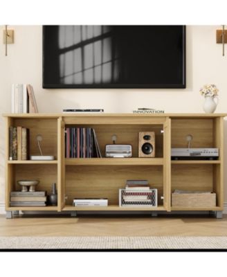 Rattan TV Stand for 70" TV, Entertainment Center with Storage Shelves, Natural Oak Console