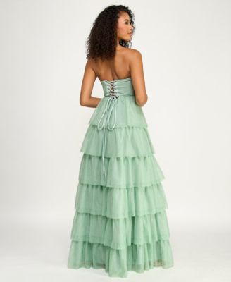 Juniors' Strapless Tiered Lace-Up Back Gown