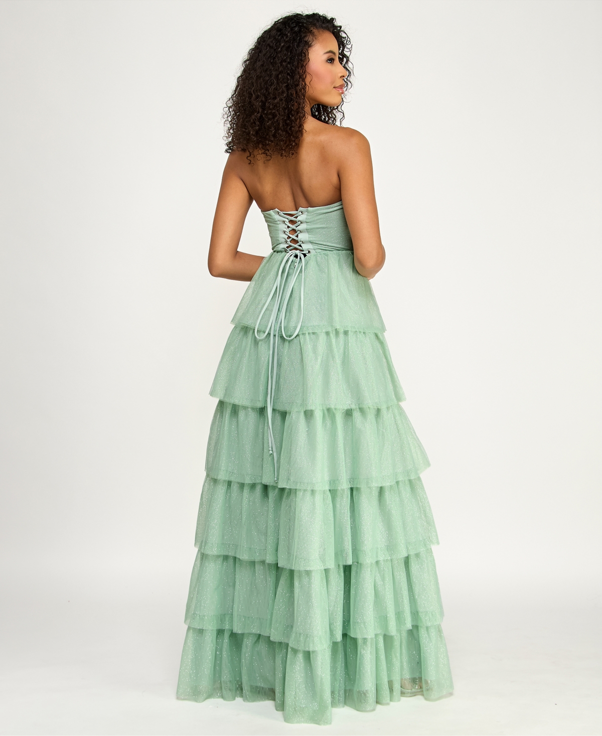 Emerald Sundae Juniors' Strapless Tiered Lace-Up Back Gown