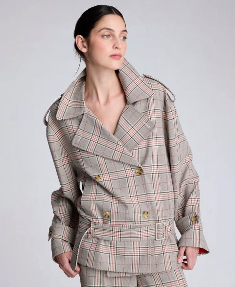 Женские куртки Kenneth Cole Glen Plaid Button Front Drop Waist Belted Trench Jacket