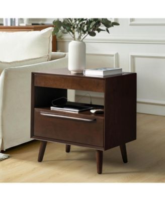 Jeraldo Mid-Century Modern 2-Drawer End Table with Built-In Outlets and Wooden Handle